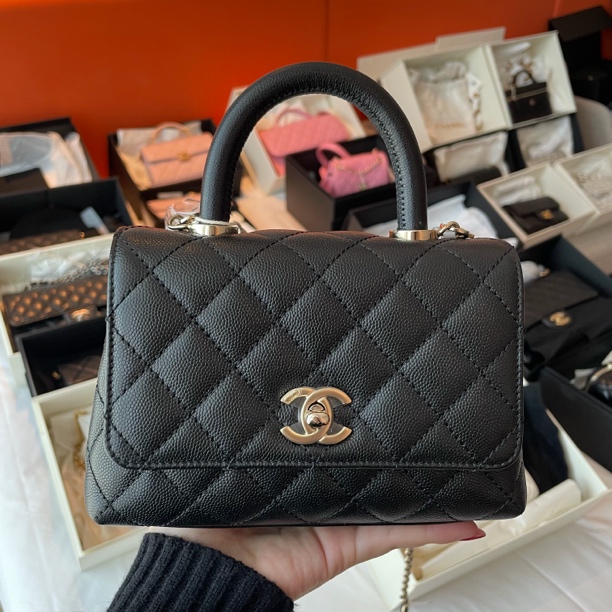 99新 Chanel/香奈儿 21K黑金荔枝牛手柄Coco经典handlemini