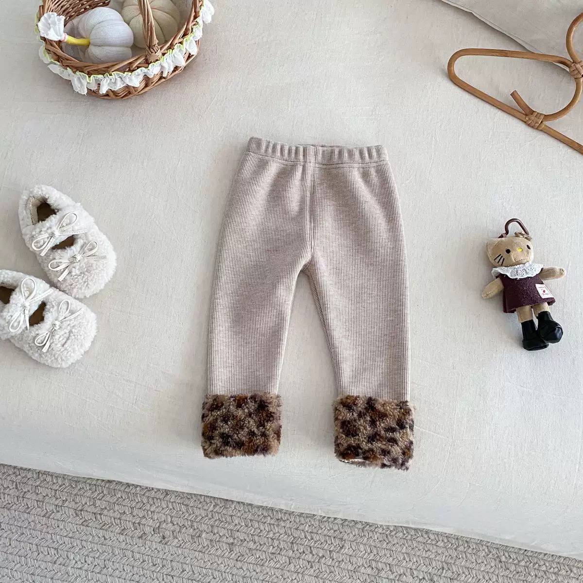 女宝洋气韩版kitty豹纹加绒一体绒上衣打底裤子