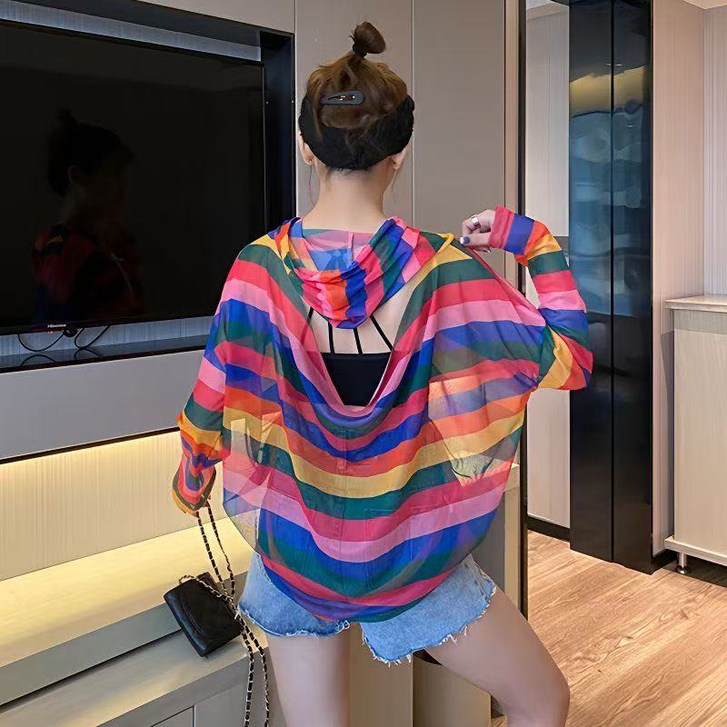 708【凡家衣橱】夏装新款百搭潮流网纱防晒衫连帽露背薄款长袖上衣