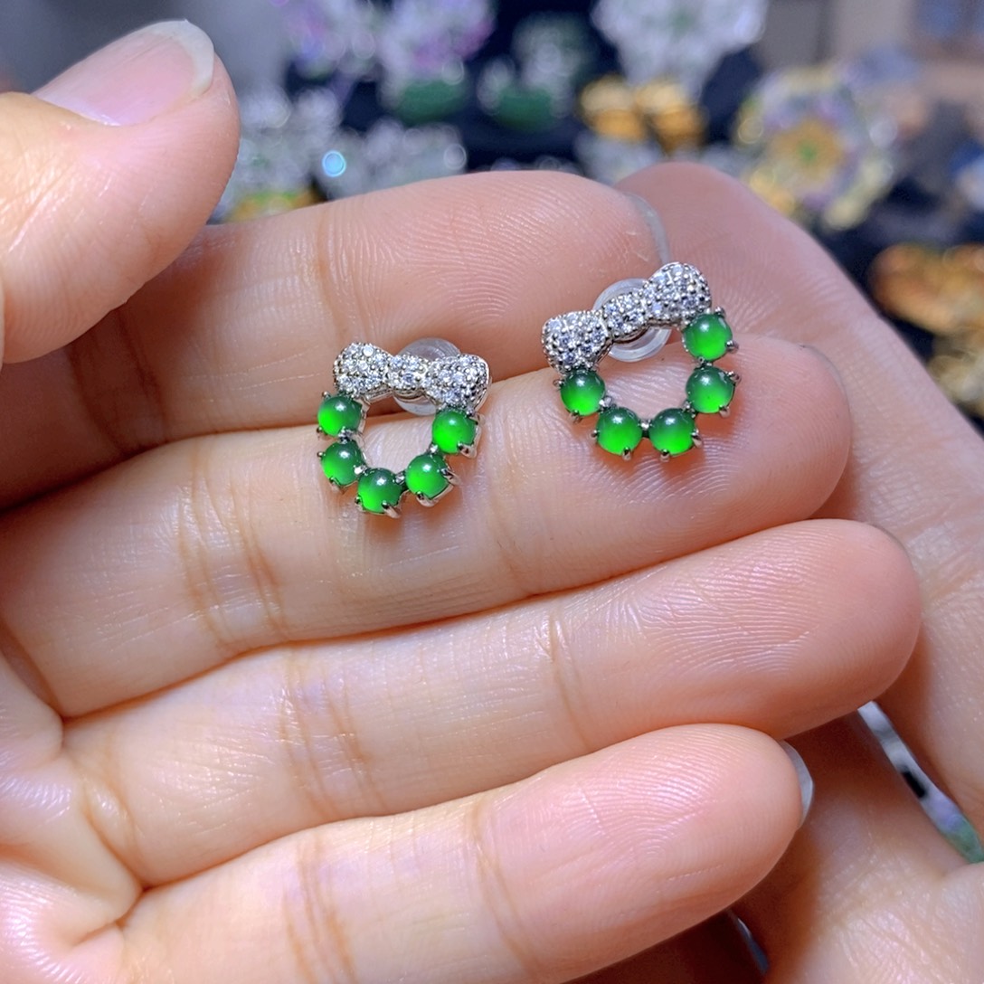 翡翠耳钉银S925镶嵌天然翡翠