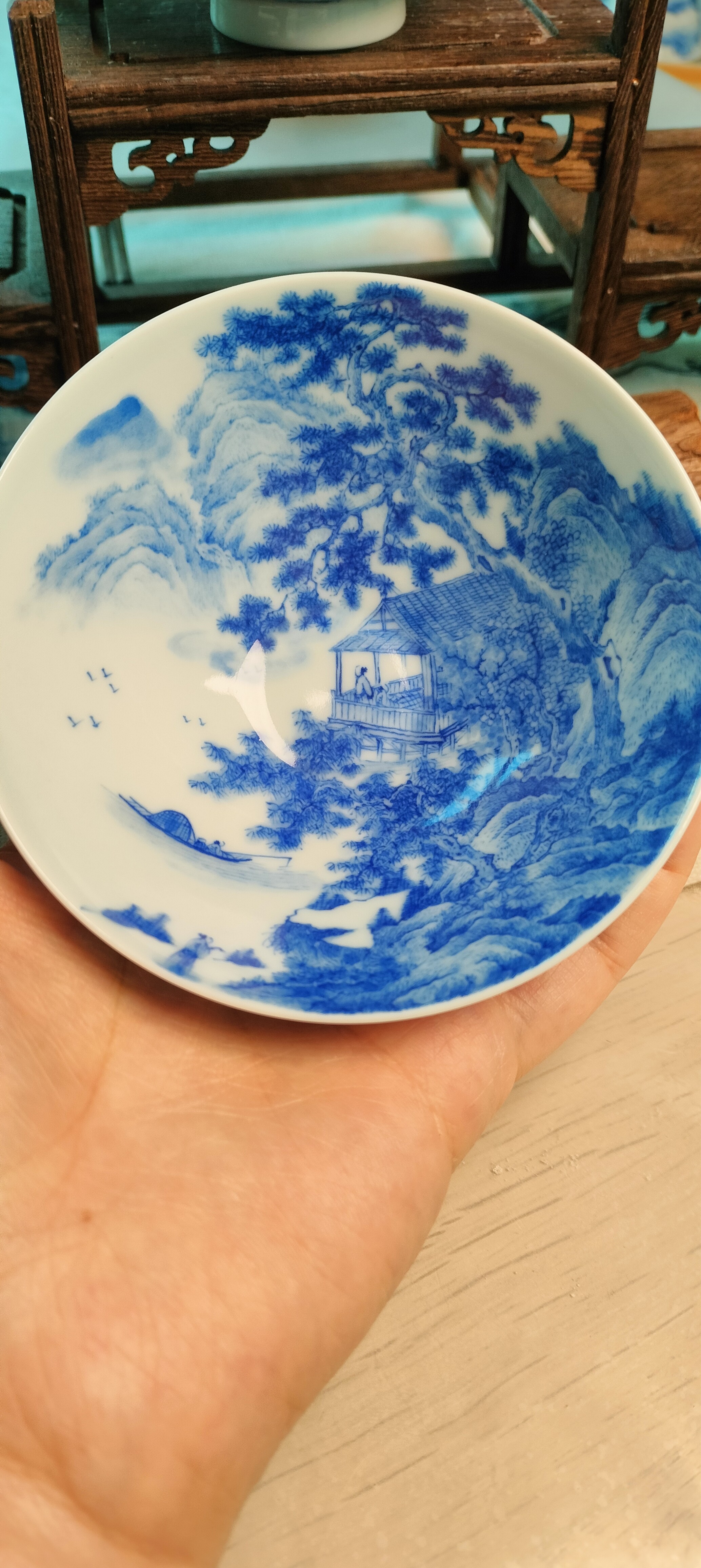 一物一拍 景德镇手绘青花茶具带内绘中式山水斗笠满工高档茶杯