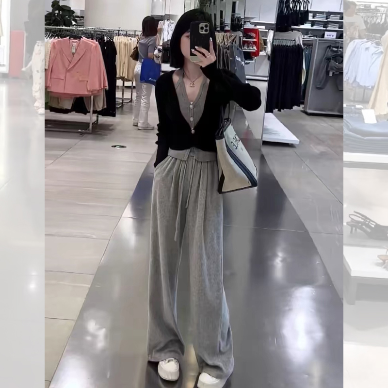 1089休闲穿搭套装女秋冬新款挂脖假两件针织上衣阔腿裤两件套