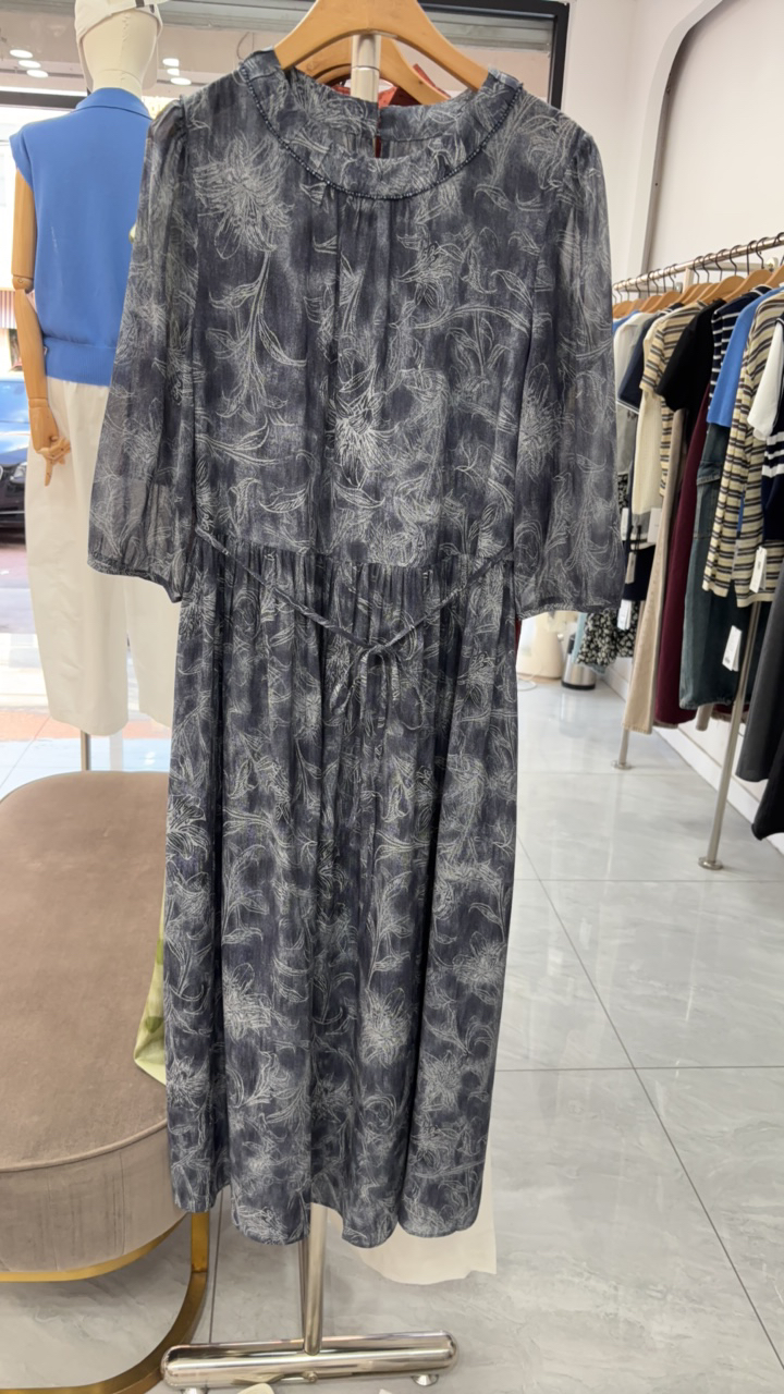 夏季桑蚕丝中长款碎花收腰系带气质优雅女式连衣裙