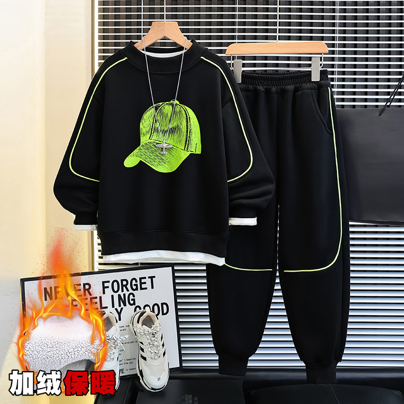 男童秋冬装套装2025新款帅气衣服中大童运动秋冬季加绒卫衣两件套