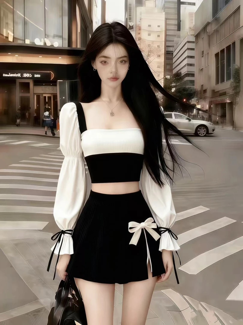 新款少女感千金风撞色方领长袖修身短款上衣+黑色百搭半身裙套装