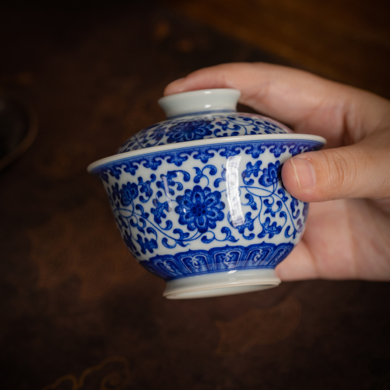 【记石柴窑】缠枝莲三兔共耳盖碗 容量140cc景德镇手工手绘茶器茶具