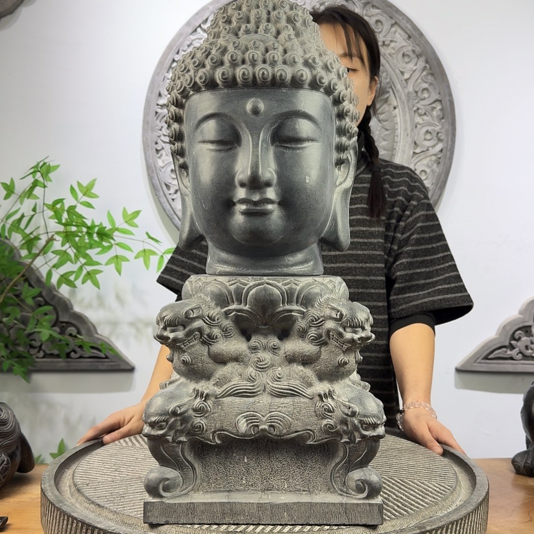 石材青石雕刻30厘米高佛头加底座一套总高55厘米