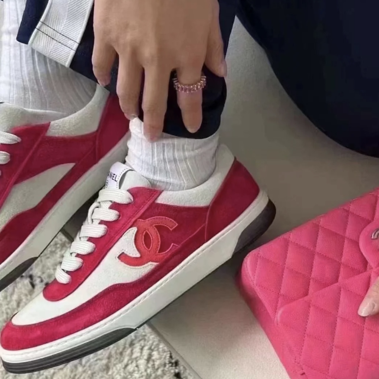 99新 Chanel/香奈儿 bk346 双C Logo玫红色板鞋 35.5码