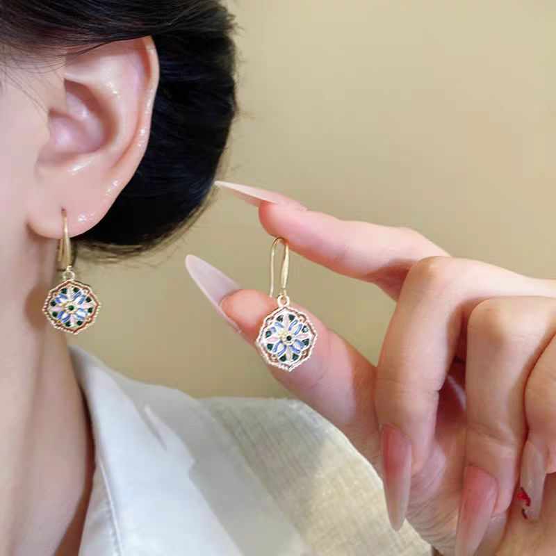 合金耳饰 【花花家】铜合金复古风花朵滴釉耳环女气质高级感小众轻