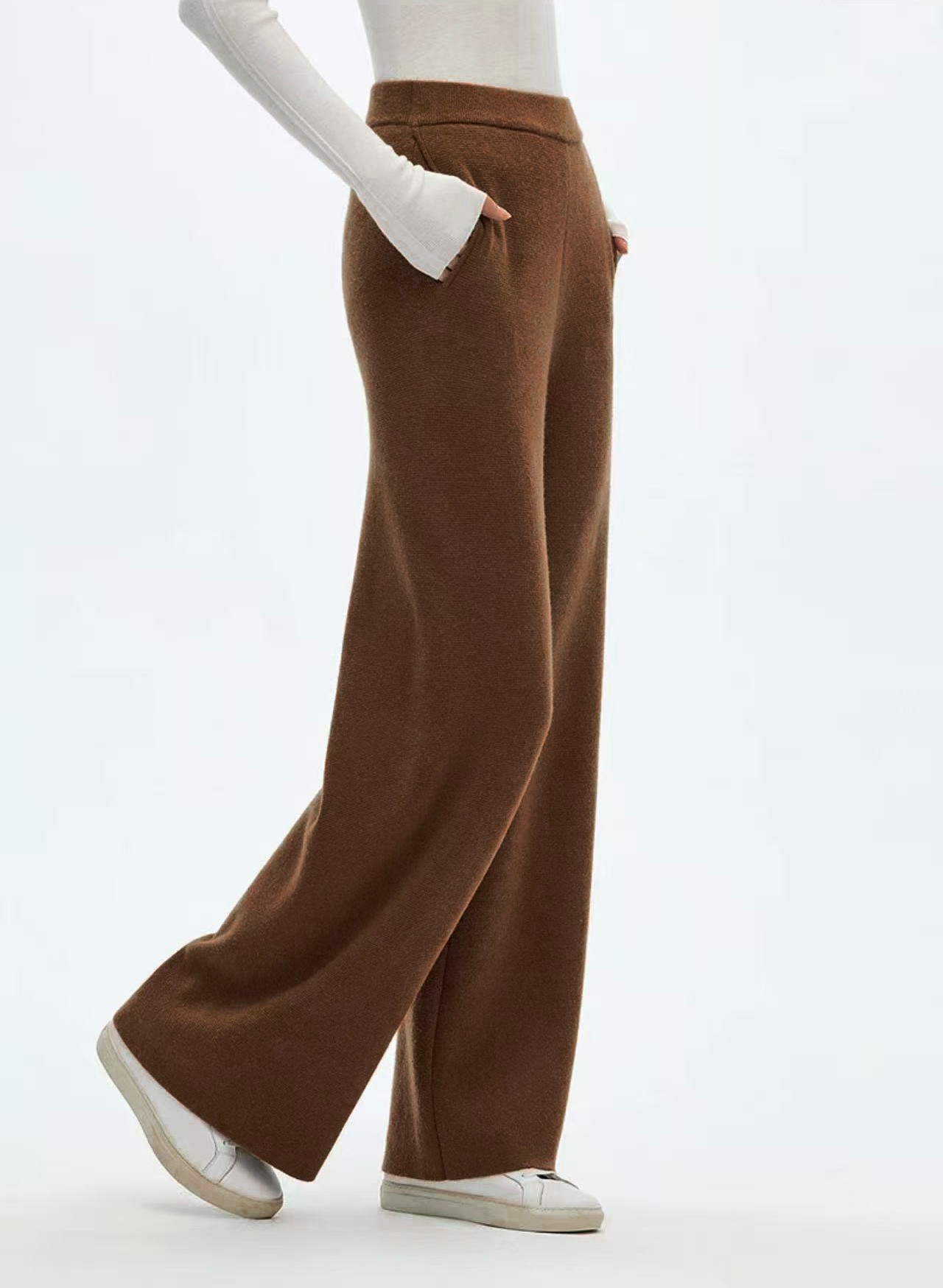 100%绵羊毛长裤秋冬女款裤子阔腿裤纯羊毛保暖休闲针织简约直筒裤