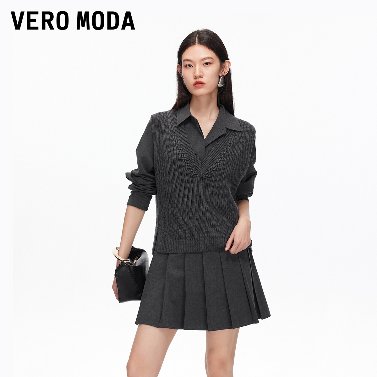 Vero Moda连衣裙2025秋季新款针织背心压褶连衣裙老钱风32537D004