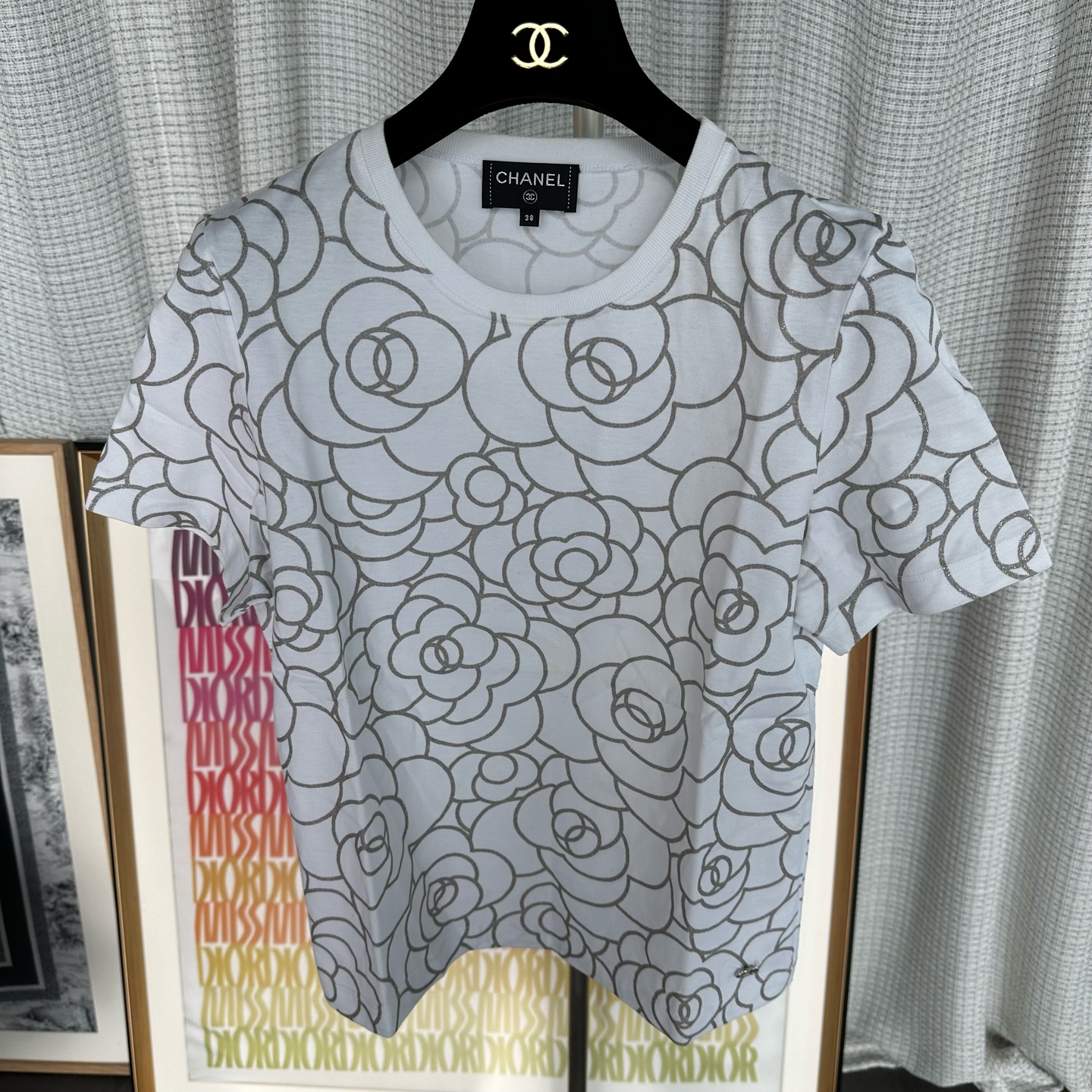 99新 Chanel/香奈儿 香奈儿白色满印山茶花半袖短袖T恤 38码