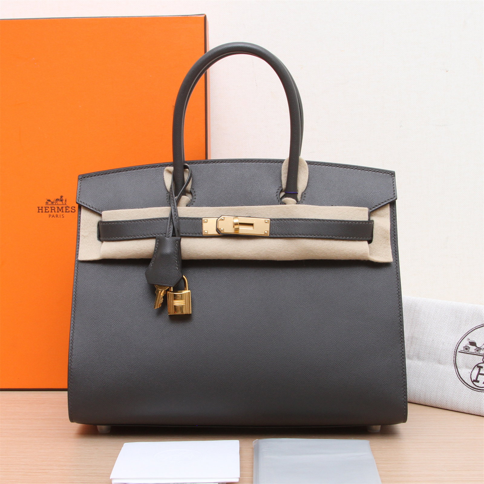 全新未使用 Hermes/爱马仕 小花6枫Birkin 30 石墨灰MAD皮Z刻金扣