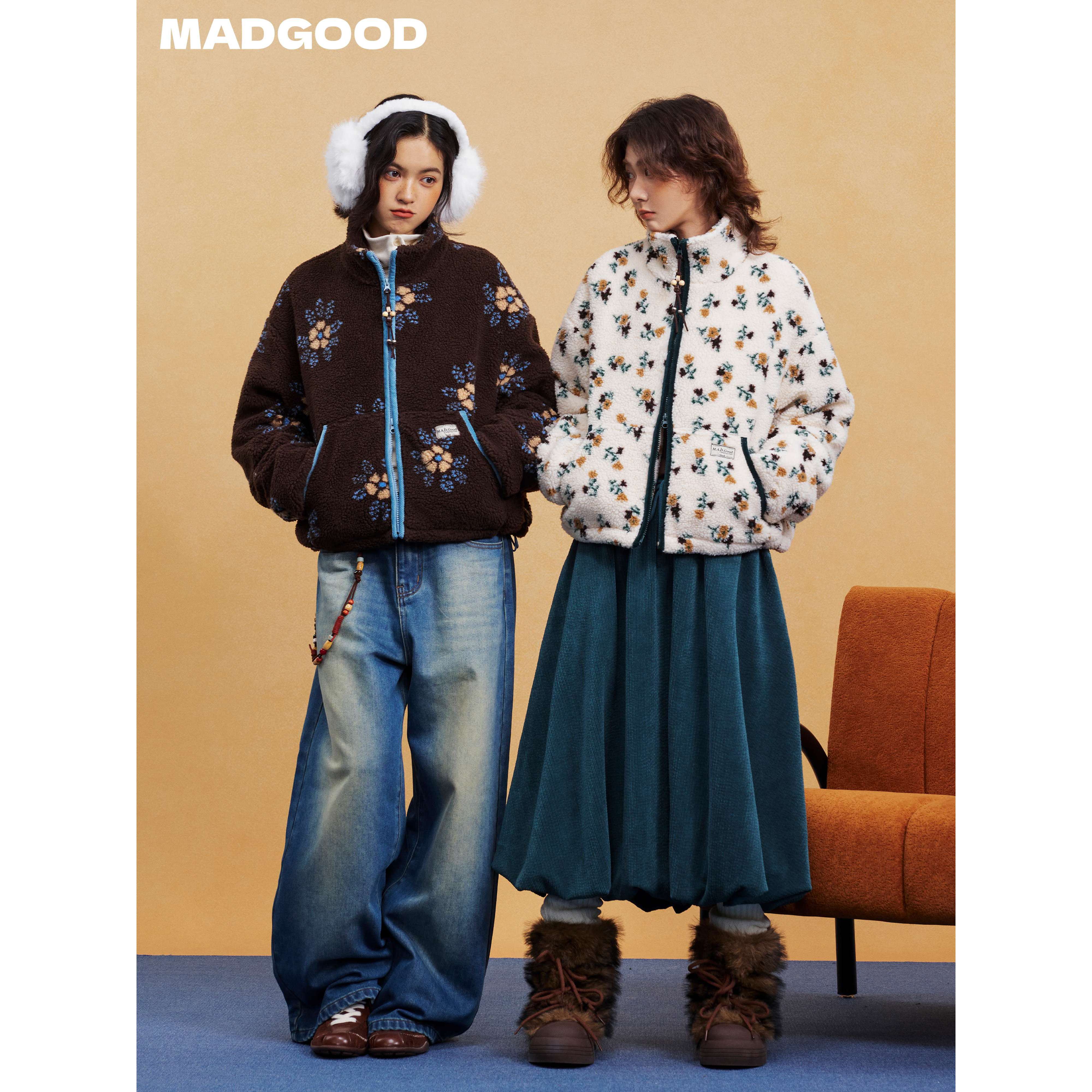 madgood休闲时尚百搭小碎花撞色包边羊羔毛外套MDGDWT14903 