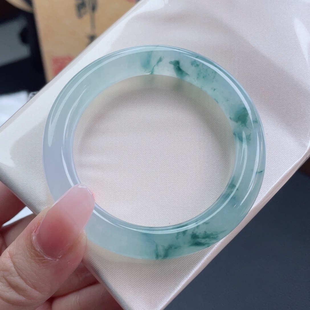 未镶嵌手镯翡翠50.8冰蓝飘花镯 飘逸灵动 冰胶起光 35号