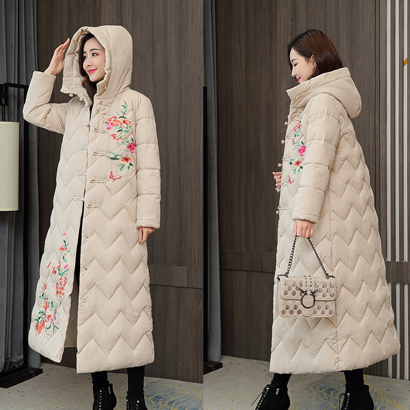 民族风刺绣中长款棉服过膝中老年女士冬季棉服妈妈装