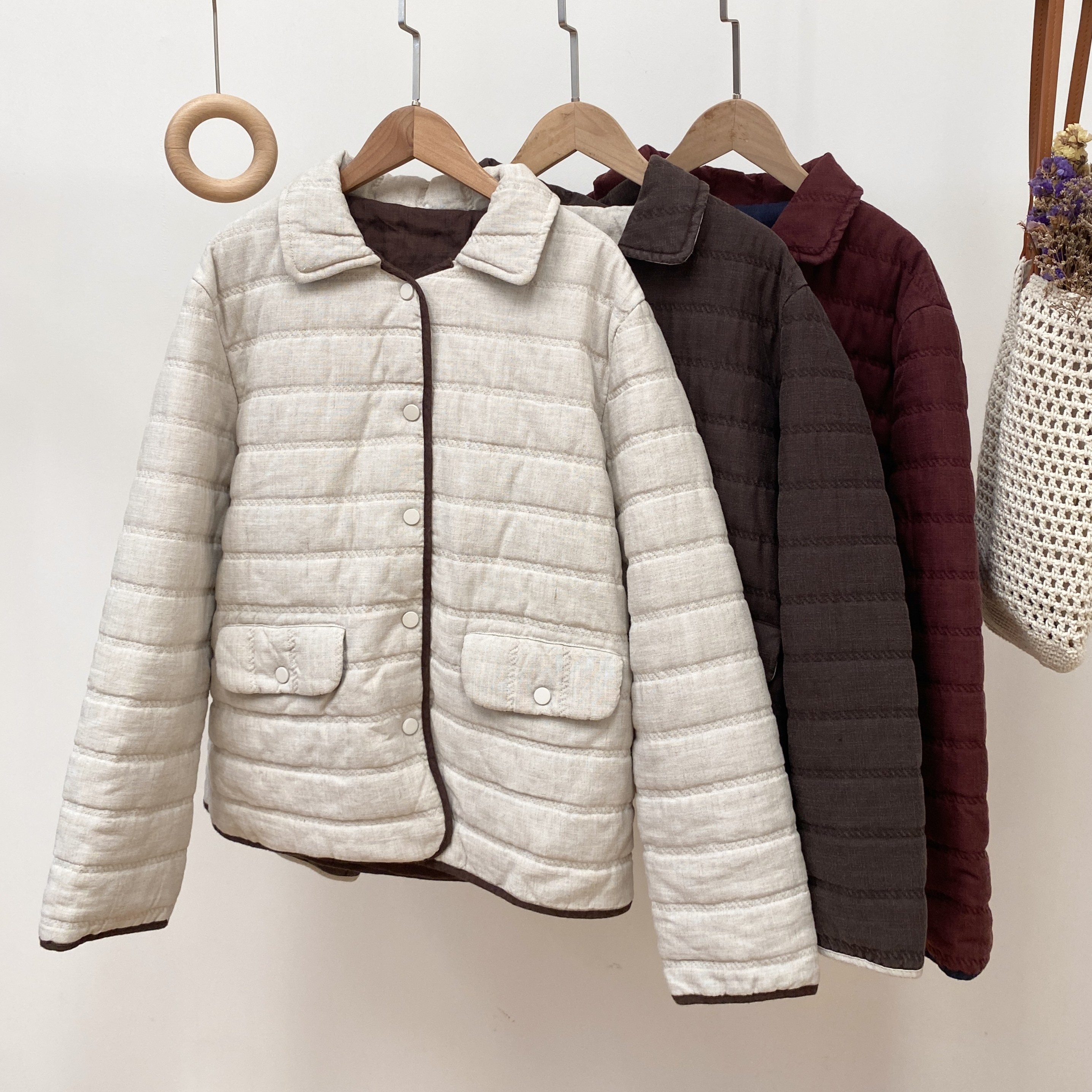 【翻领绗线拼色单排扣棉服外套】4794