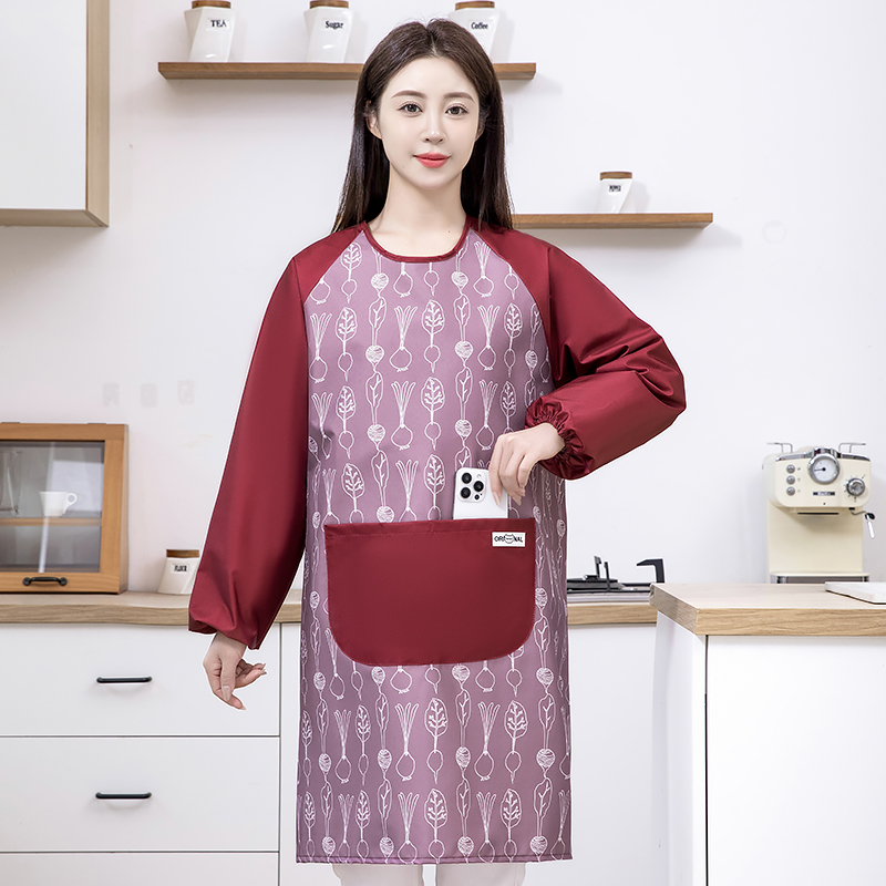 新款防水长袖女围裙罩衣大人家用厨房时尚做饭防油圆领上衣工作服