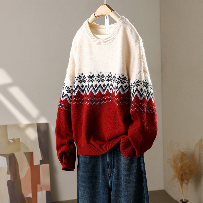 0673*宽松圆领套头长袖针织衫拼色时尚洋气针织上衣