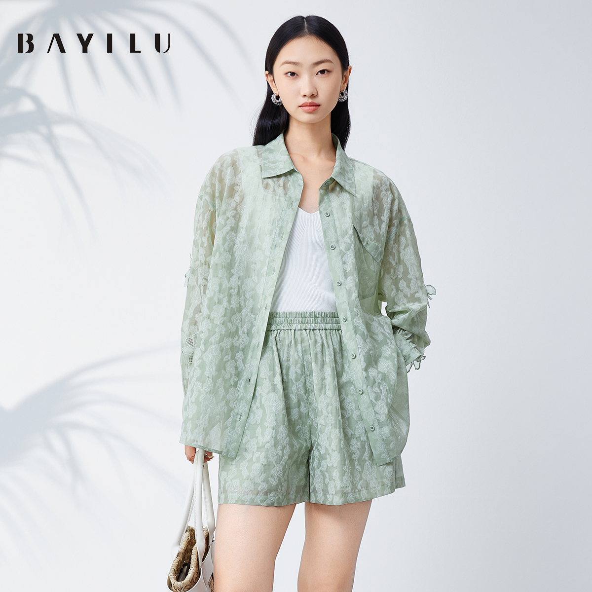 【品牌甄选】芭依璐夏季时尚套装长袖衬衫阔腿短裤两件套90TZ034