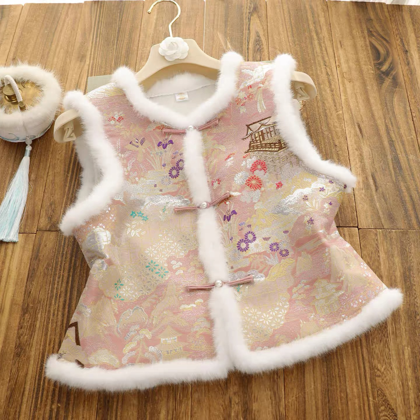 秋冬季拼接毛领新中式氛围设计复古盘扣加绒百搭马甲