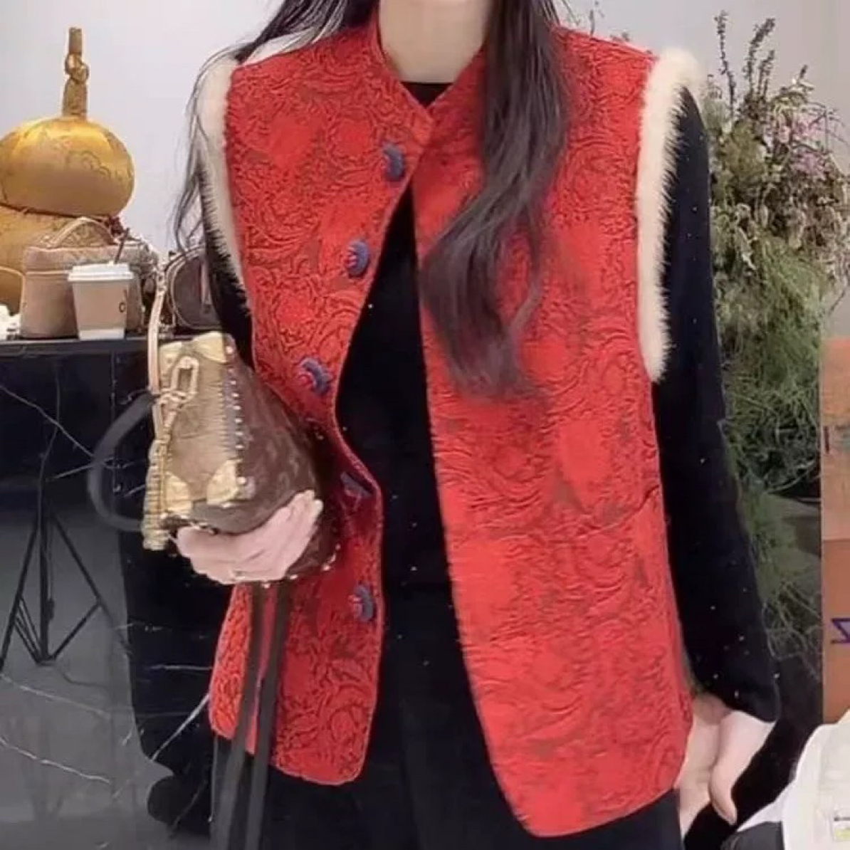 红色立领马甲女加绒保暖印花提花复古盘扣新中式马甲2025年新款