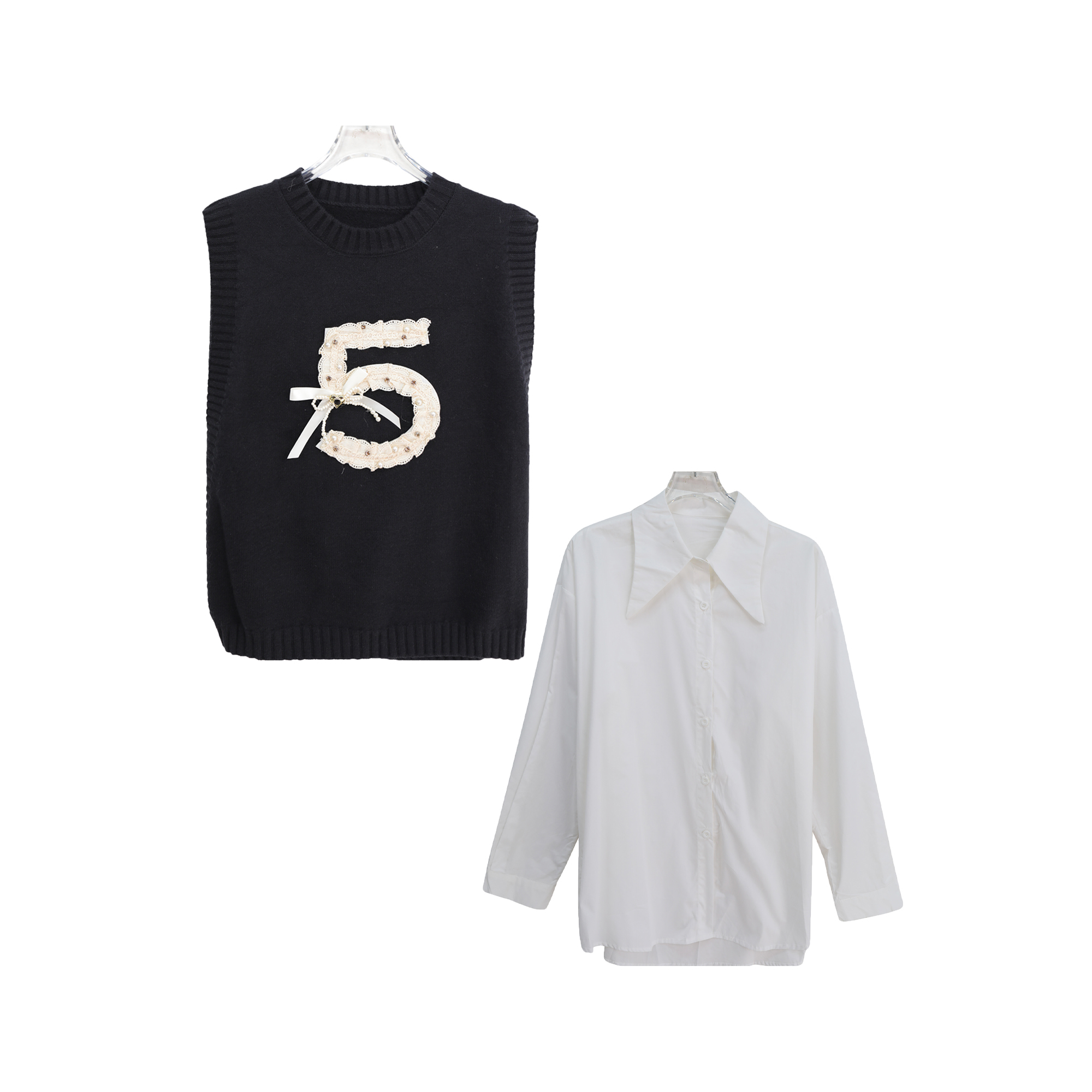 S 设计感重工钉珠针织无袖马甲polo领衬衫两件套S4746