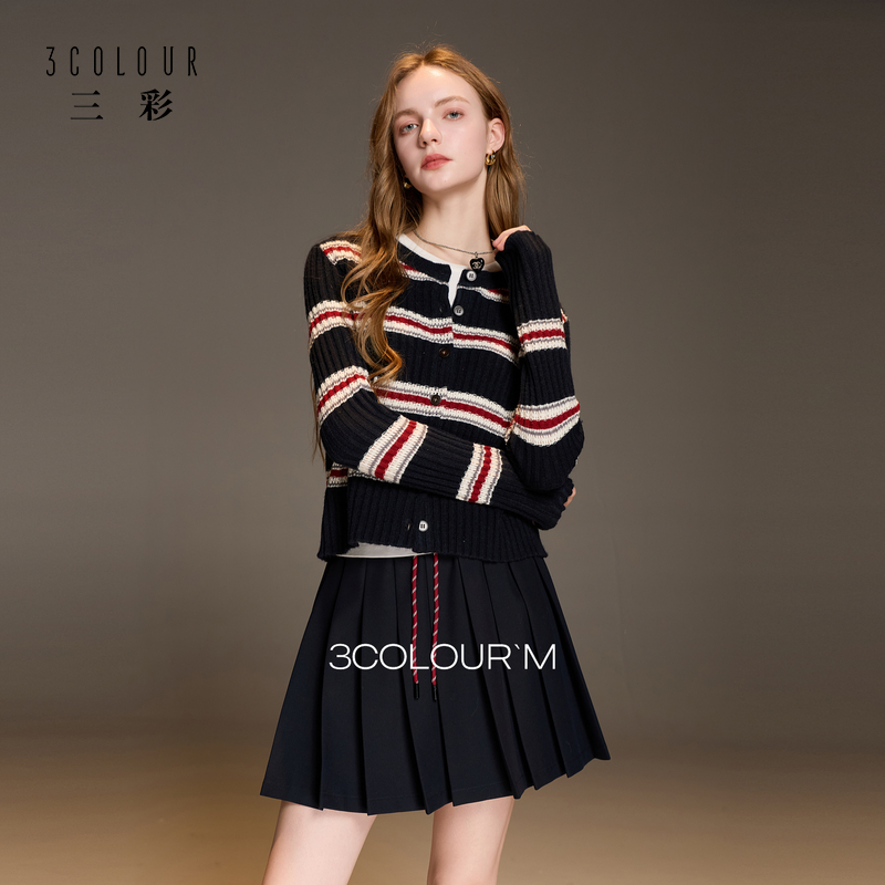 三彩2025冬季新款宽松慵懒条纹针织衫长袖单排扣开衫复古外套M