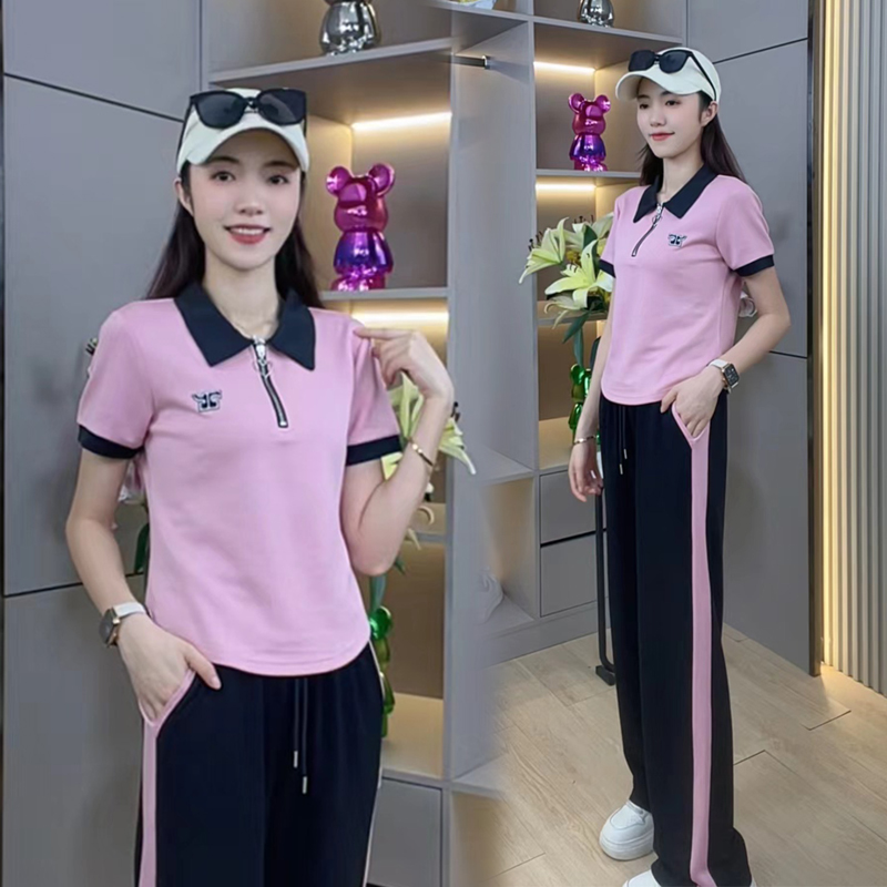 阔腿裤两件套夏季新款直播女装翻领短袖T恤侧边杠抽绳长裤套装女