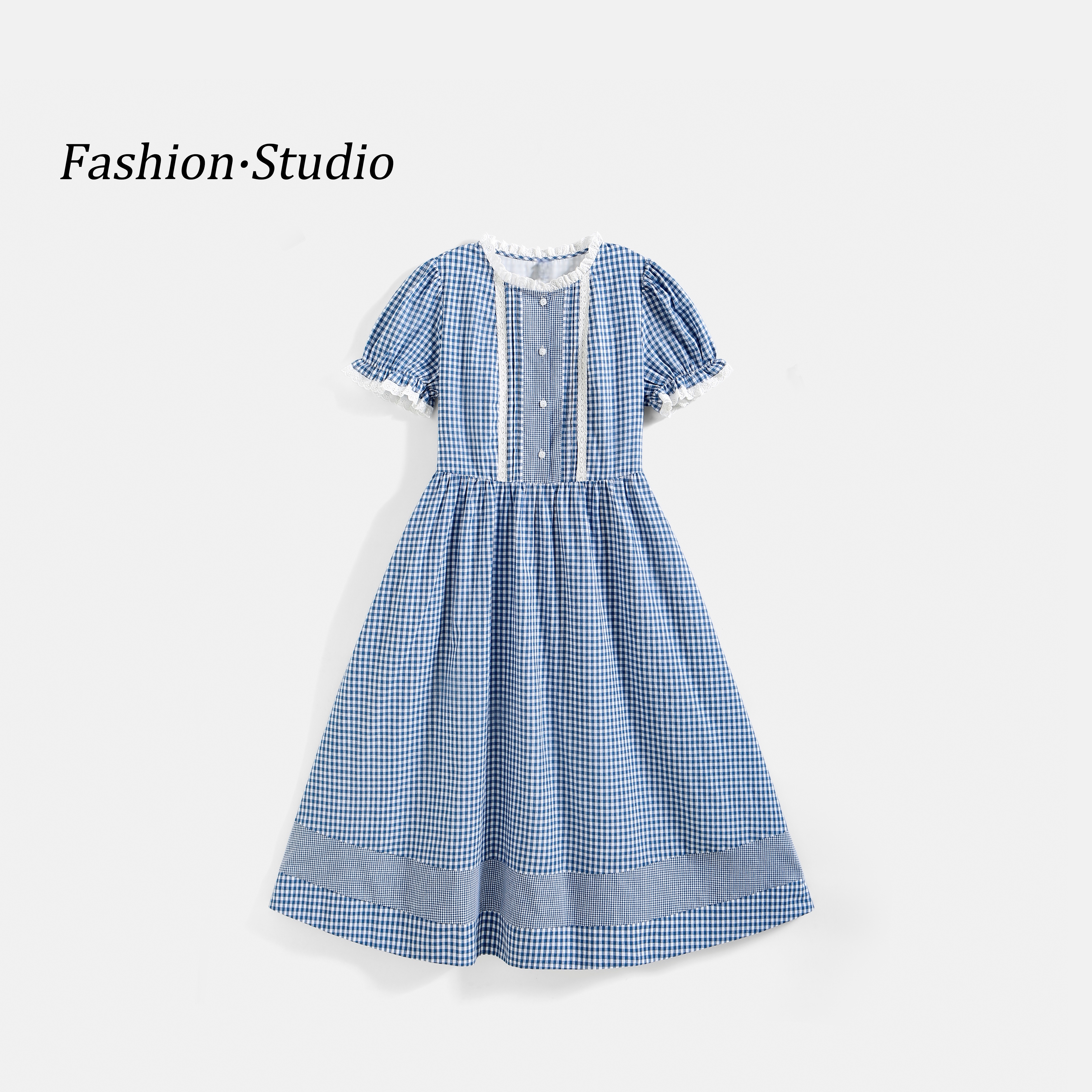 女童夏季连衣裙2025新款花边领格纹拼接泡泡袖收腰女孩中长款裙子