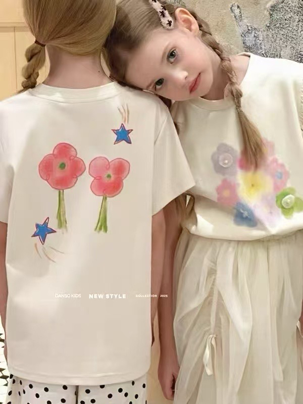 糖依果家 2025儿童宽松休闲潮牌米白短袖25059
