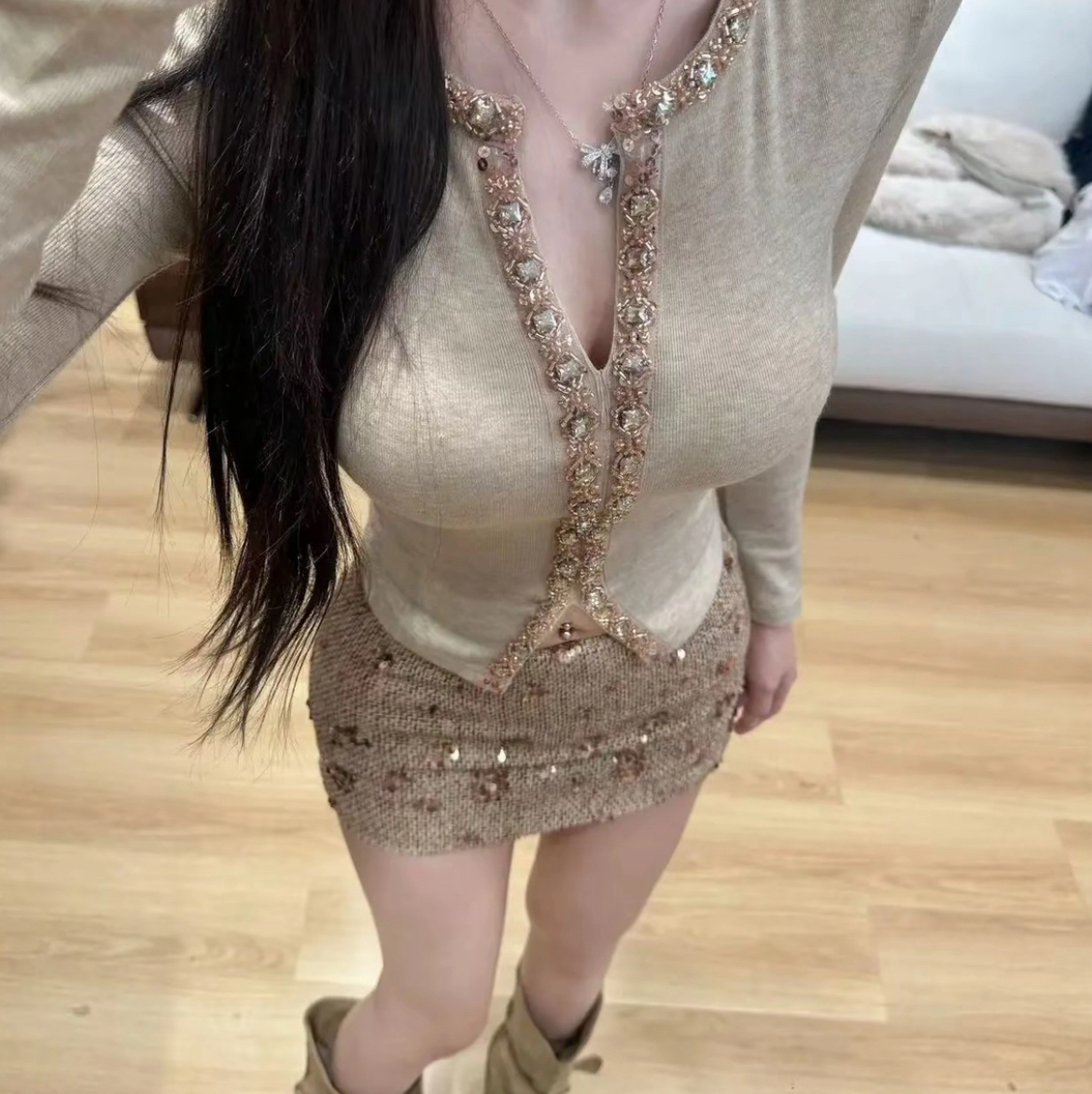 【流光瑰梦】秋冬高级感气质小香风重工镶钻针织➕半身裙#K180