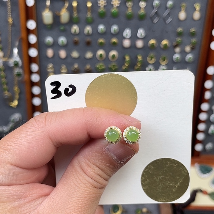 和田玉耳饰银S925镶嵌30