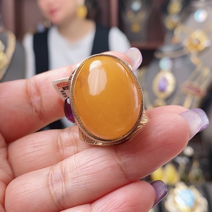 琥珀戒指银S925镶嵌戒指