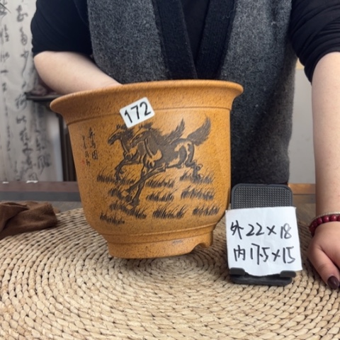 紫砂花盆柴烧精品金钟奔马图172