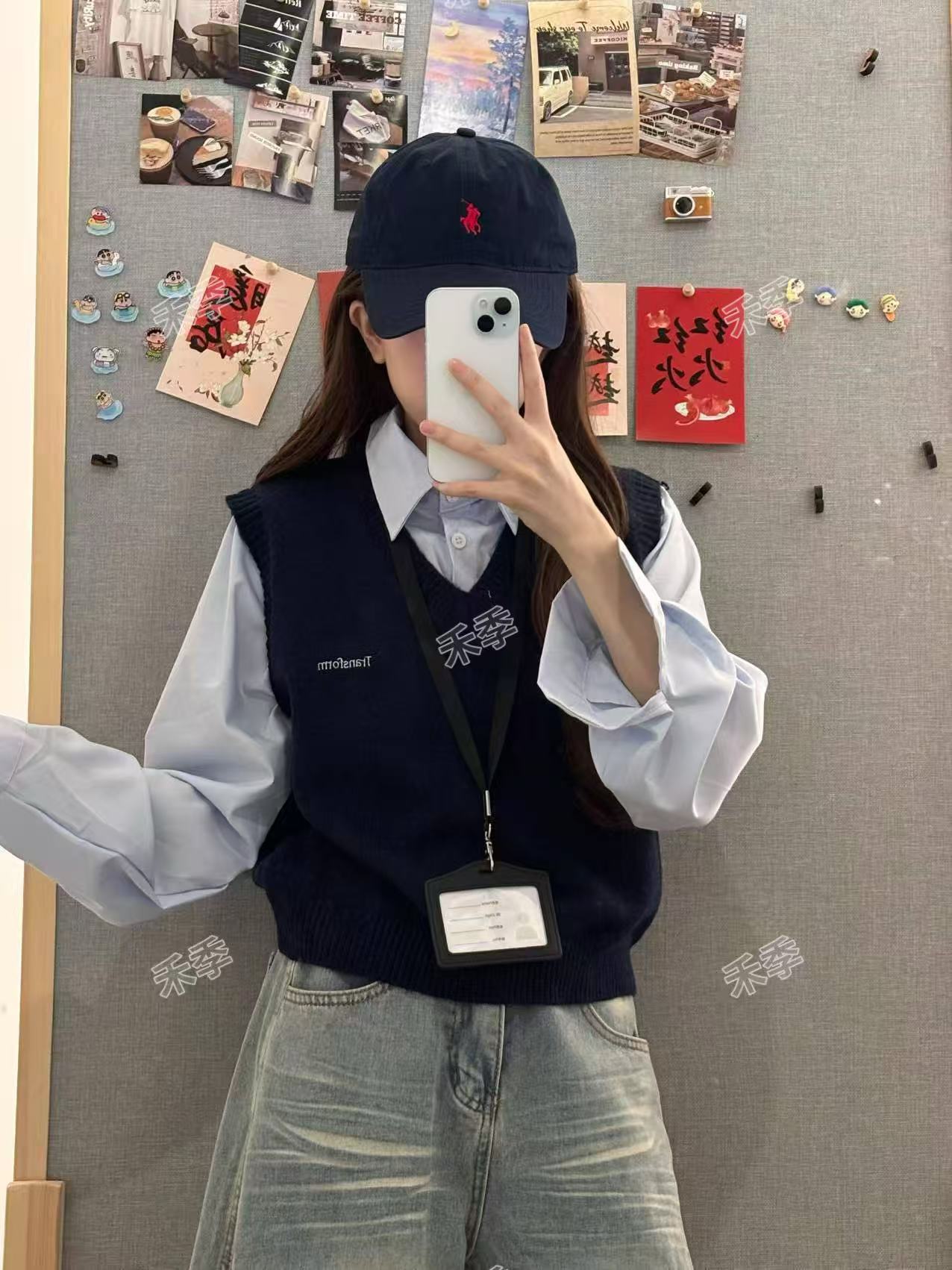 学院风假两件针织衫女秋2025新款设计感衬衫拼接马甲针织上衣