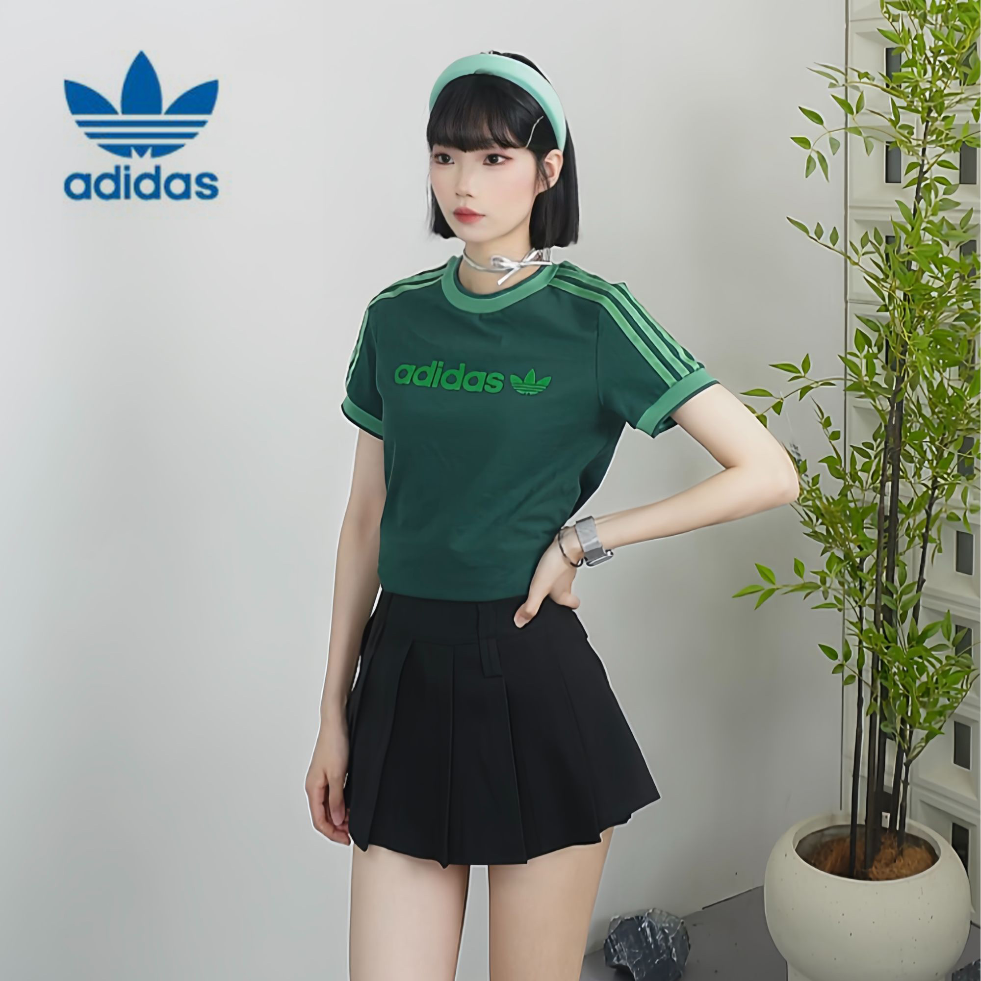 adidas/阿迪达斯夏季正品新款三叶草女子复古运动修身短袖T恤