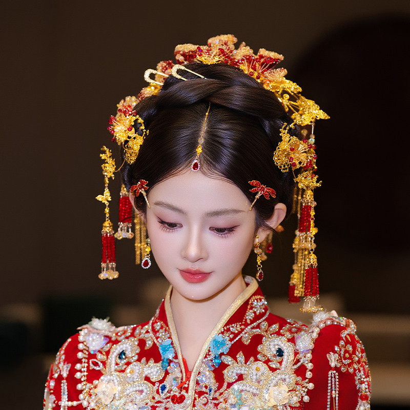 合金树脂婚庆饰品 中式新娘发饰秀禾服红金色龙凤褂古装配饰G0257