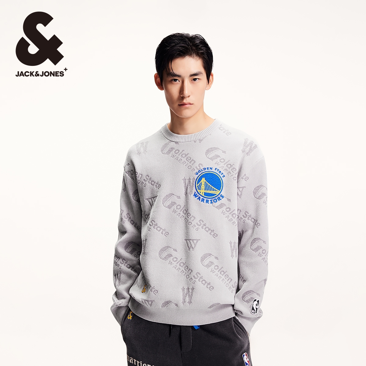 杰克琼斯男装NBA联名勇士队春季日常休闲圆领字母刺绣毛衣针织衫