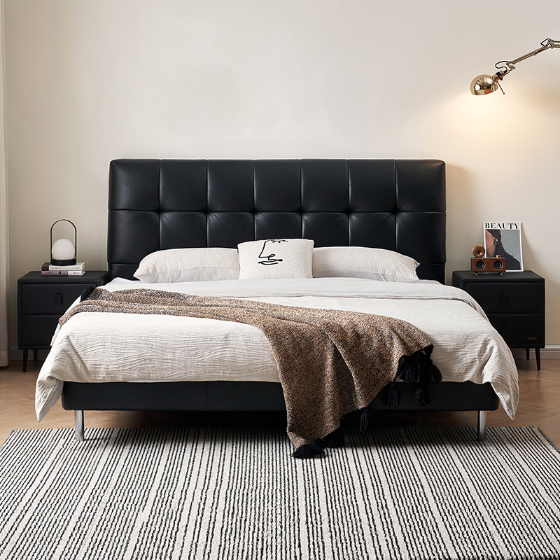 全友家居简约现代华夫格床家用卧室头层牛皮主卧双人床真皮床大床