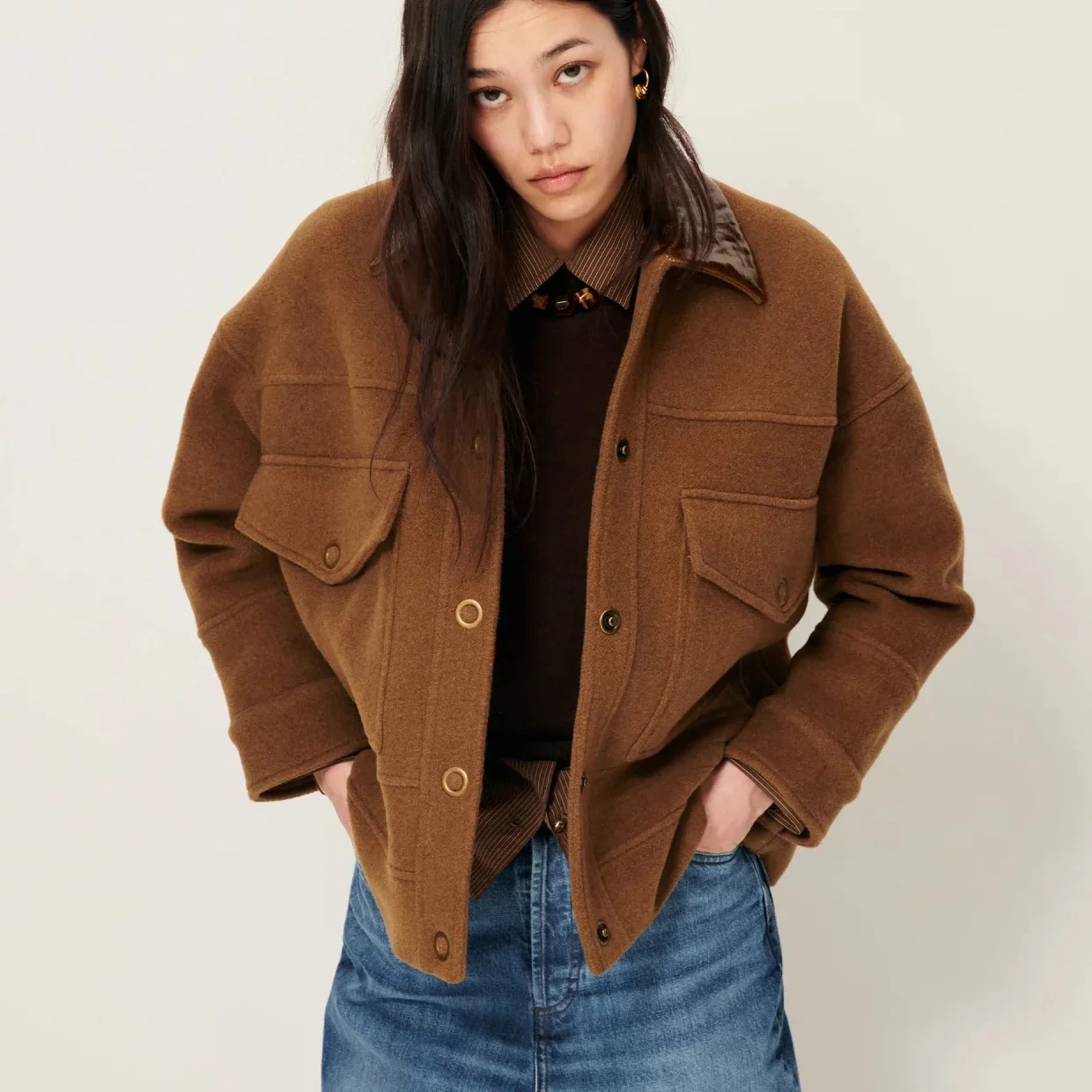 25秋冬SESSUN(法国女装）设计师品牌焦糖色拼翻领夹克外套