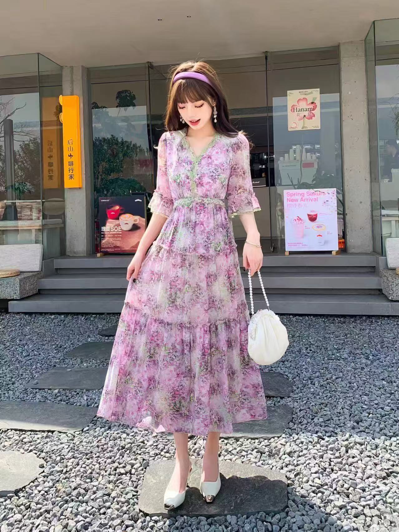 桑蚕丝法式碎花连衣裙气质显瘦夏季减龄收腰长款连衣裙时尚