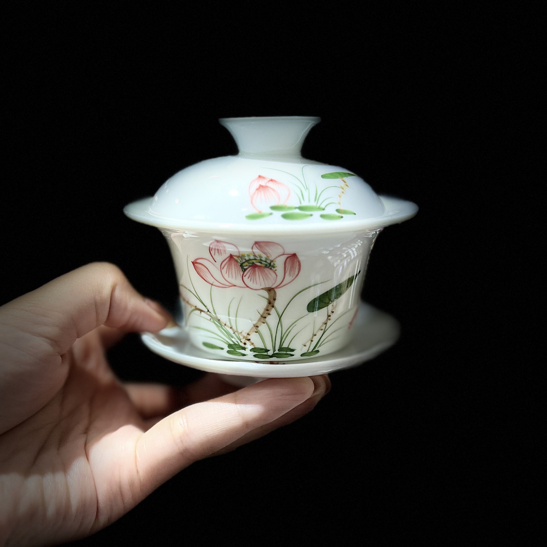 泡茶白瓷手绘盖碗三才碗茶杯陶瓷单个白瓷功夫茶具有带盖子荷花