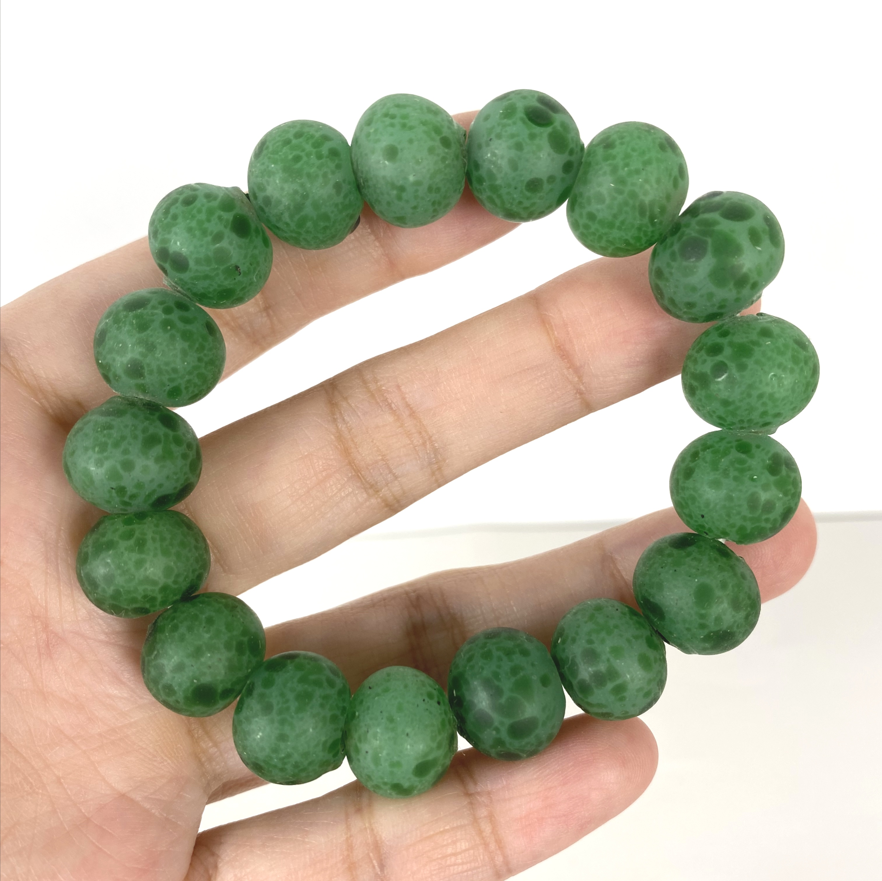13mm老绿点磨砂蛙皮琉璃珠手串