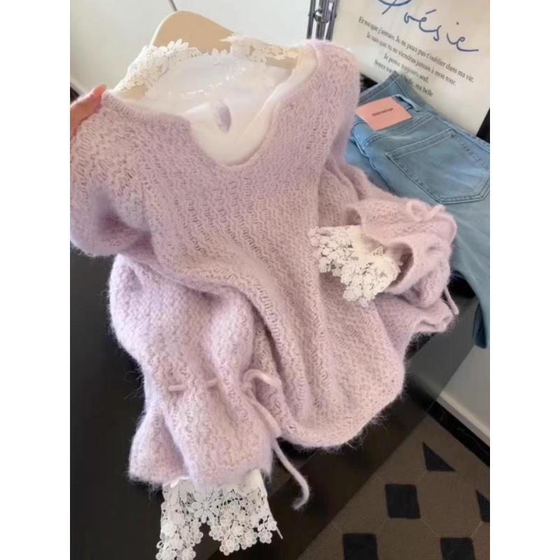 韩系U领软糯温柔紫色V领长袖毛针织衫2025新款设计外穿