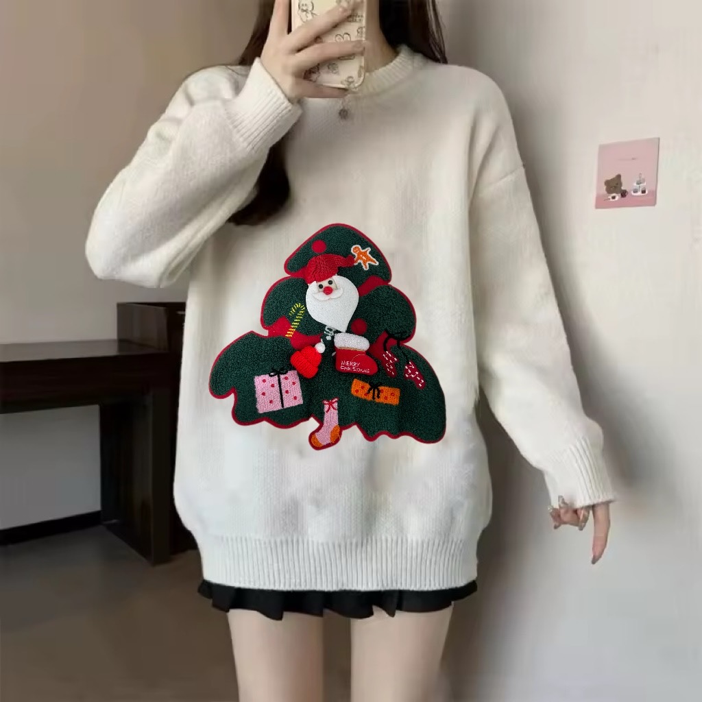 玲姐定制-圆领圣诞氛围感慵懒宽松落肩松紧下摆针织毛衣194723