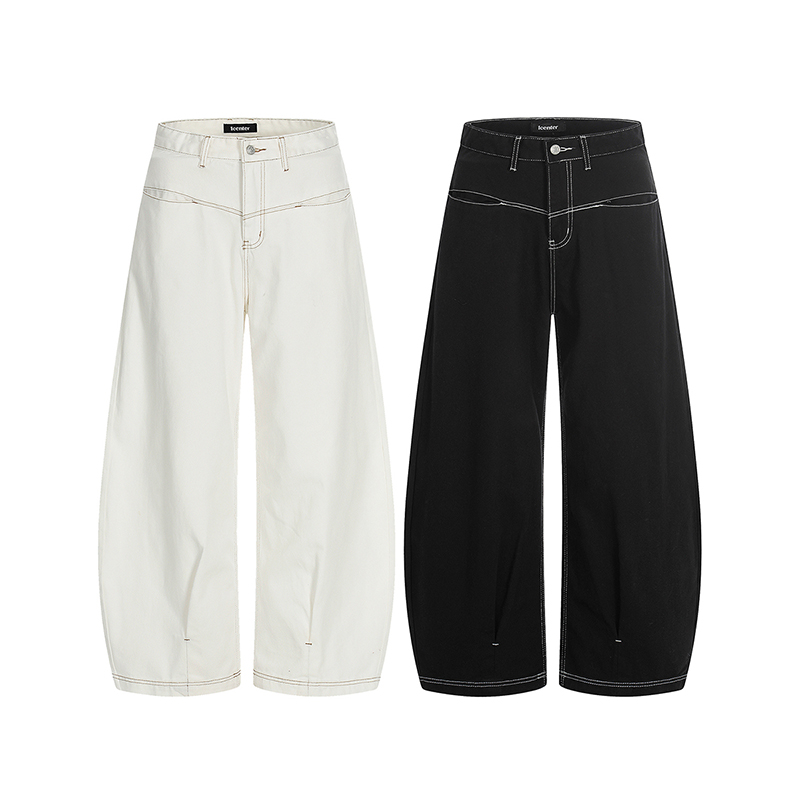 1CENTER 春季美式复古解构拼色明线原牛宽松男女情侣弯刀牛仔裤