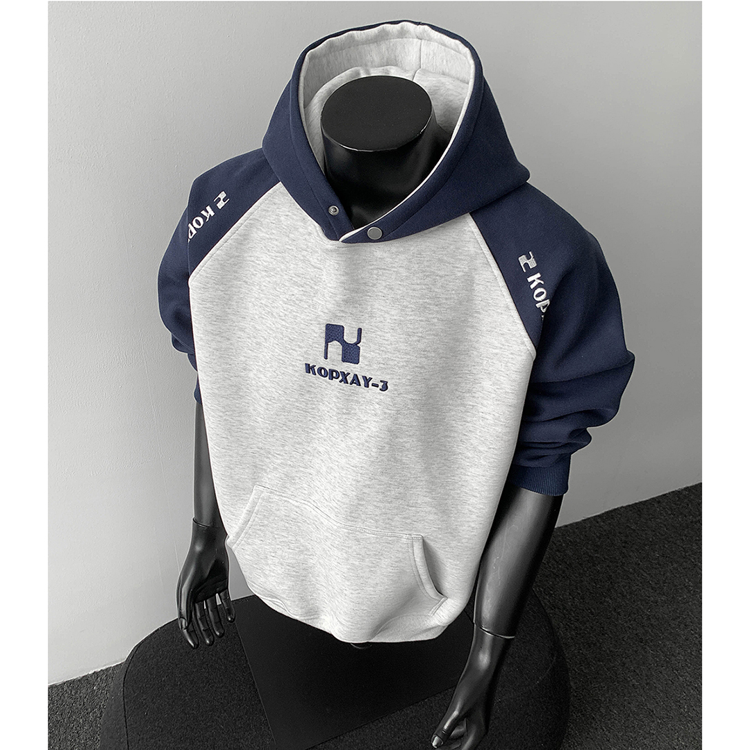 美式复古拼接撞色刺绣连帽卫衣男设计感秋冬新款小众长袖上衣外套