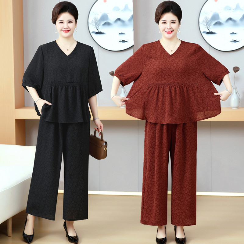 妈妈夏装新款大码减龄短袖套装中老年夏季休闲时尚遮肚两件套