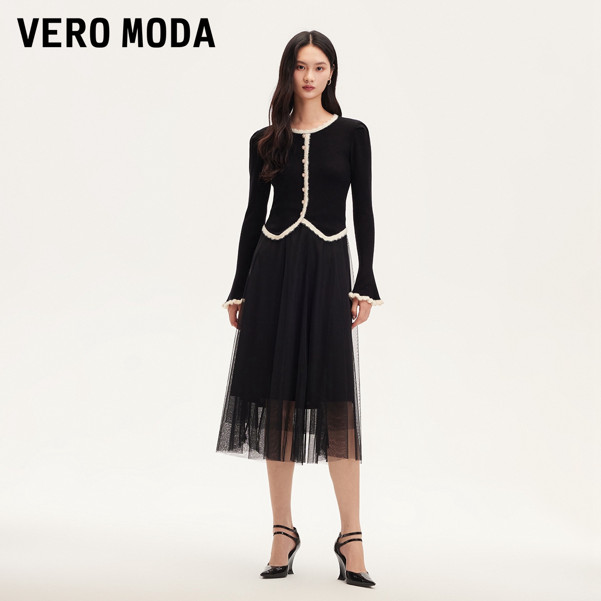 Vero Moda连衣裙女装针织衫吊带网纱长裙真两件流光风32517D010